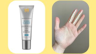 Images of SkinCeuticals Oil Shield UV Defense SPF 50 and swatches