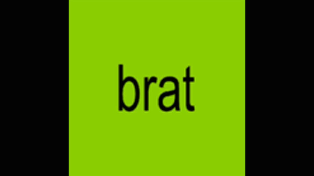 The word &quot;brat&quot; written in lowercase, low resolution Arial Narrow font on a lime green background