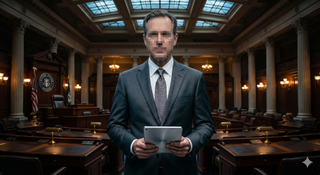 Man in a business suit with pixellated face agains background of political room