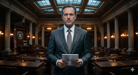 Man in a business suit with pixellated face agains background of political room