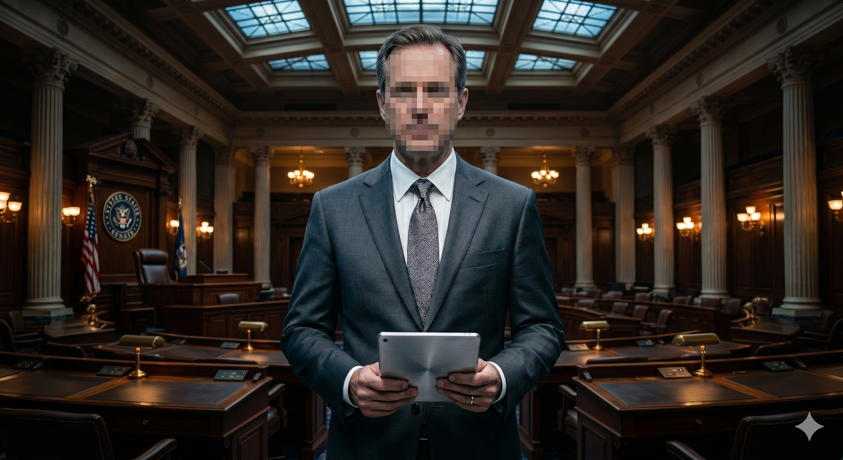 Man in a business suit with pixellated face agains background of political room