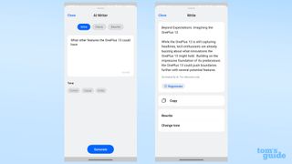 Screenshots of OxygenOS 15 showing AI Writer generating additional text according to a prompt