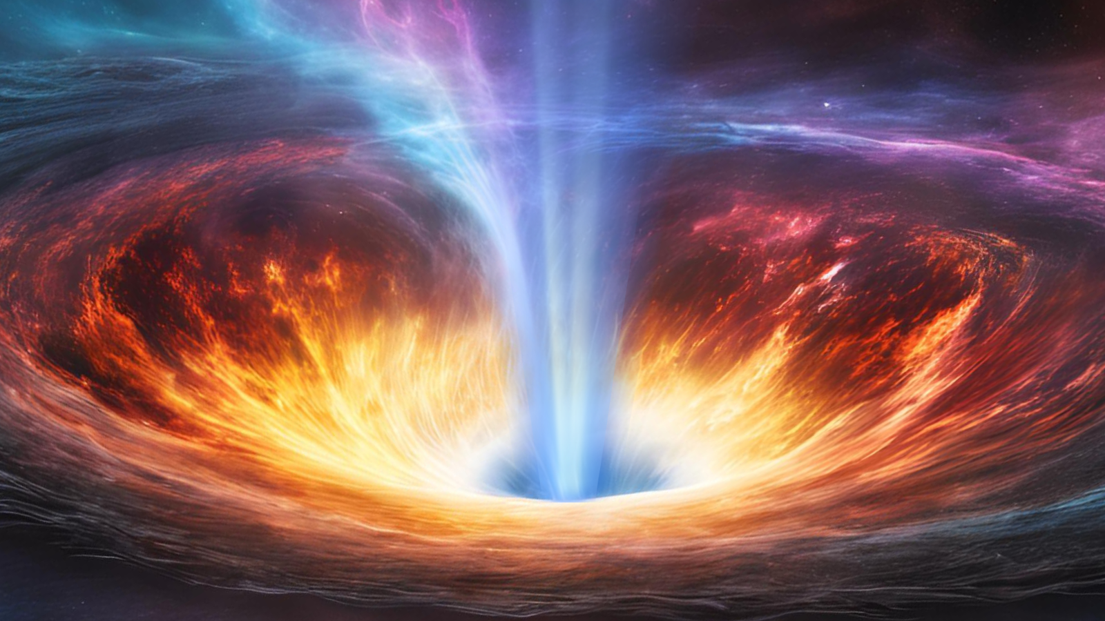 A colorful illustration of a cosmic whirlpool, from which a jet blasts.