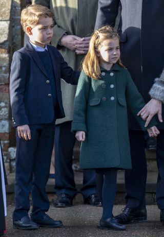 Kate Middleton Prince William George Charlotte outfits - Prince George of Cambridge and Princess Charlotte of Cambridge attend the Christmas Day Church service at Church of St Mary Magdalene on the Sandringham estate on December 25, 2019 in King's Lynn, United Kingdom