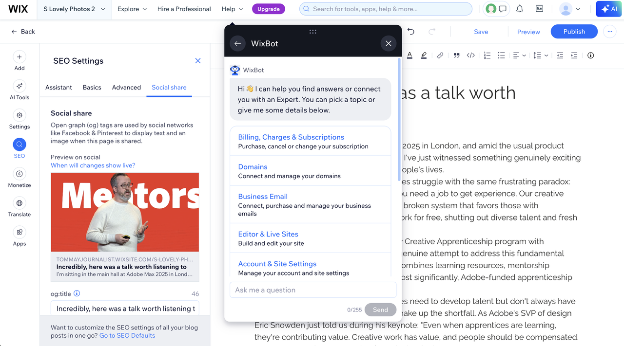 Support dialogue box in the Wix Classic editor