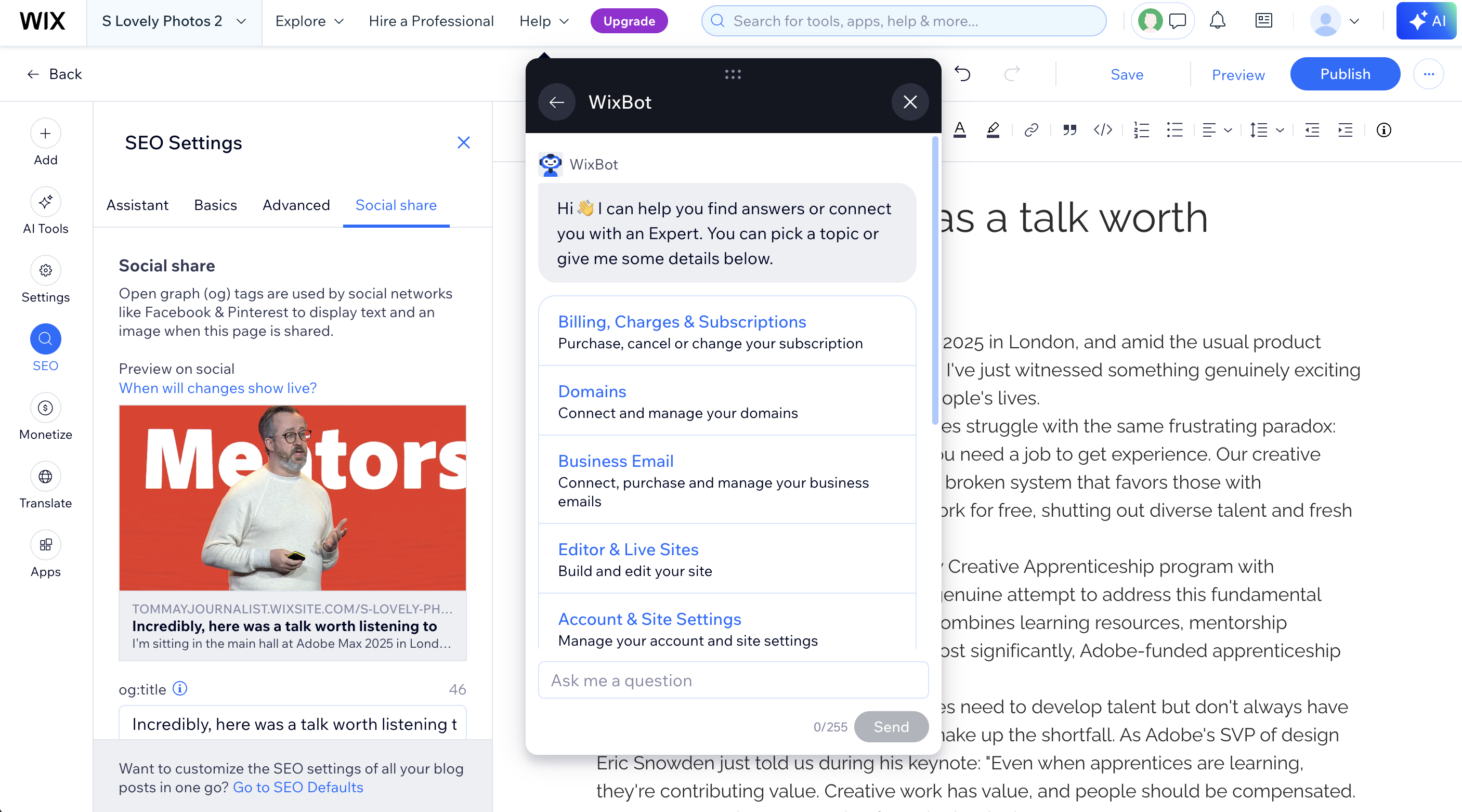 Support dialogue box in the Wix Classic editor