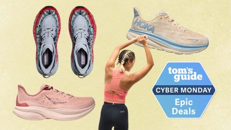 a selection of Hoka apparel next to a Tom's Guide Cyber Monday Epic Deals label