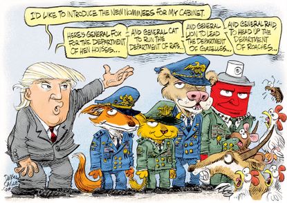 Political cartoon U.S. Donald Trump Cabinet nominees animals