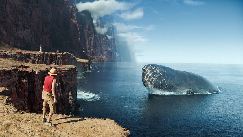 Luffy standing at the edge of a cliff looking at the gigantic whale Laboon in One Piece Season 2