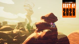 Peak screenshot showing small characters on a cliff edge with a tornado in the background