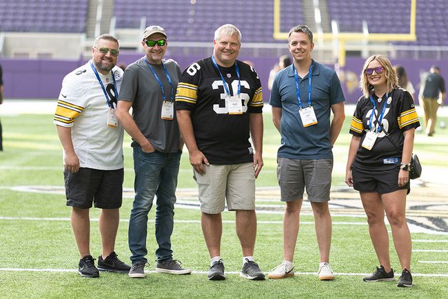 Independent Show attendees on a visit to U.S. Bank Stadium, home of the NFL&rsquo;s Minnesota Vikings (l. to r.): Matt Shearer, LHTC Broadband; Scott Craig, Citizens Fiber; Brian Jeffers, HTC Communications; Ken Cutrell, Citizens Cable Communications; and Deanna Richter, LHTC Broadband.