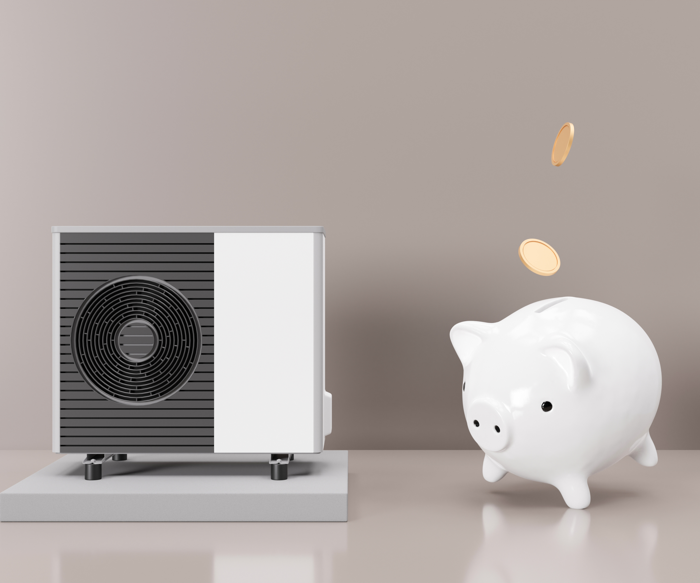 heat pump model with ceramic piggy back next to it and coins falling in air