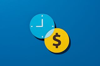 Time is money concept of clock and dollar sign overlapping on blue background directly above view.