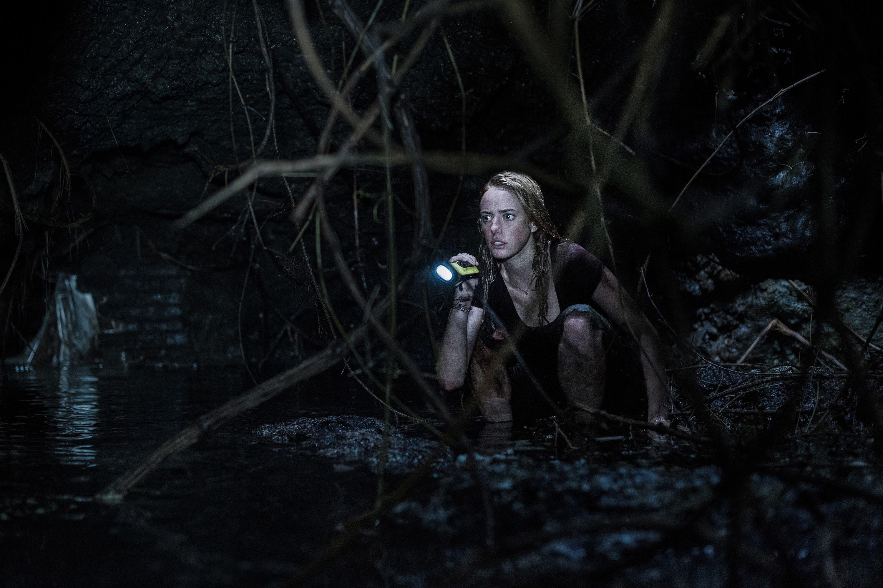 Kaya Scodelario with a flashlight in the dark in Crawl, one of the best scary movies on Hulu