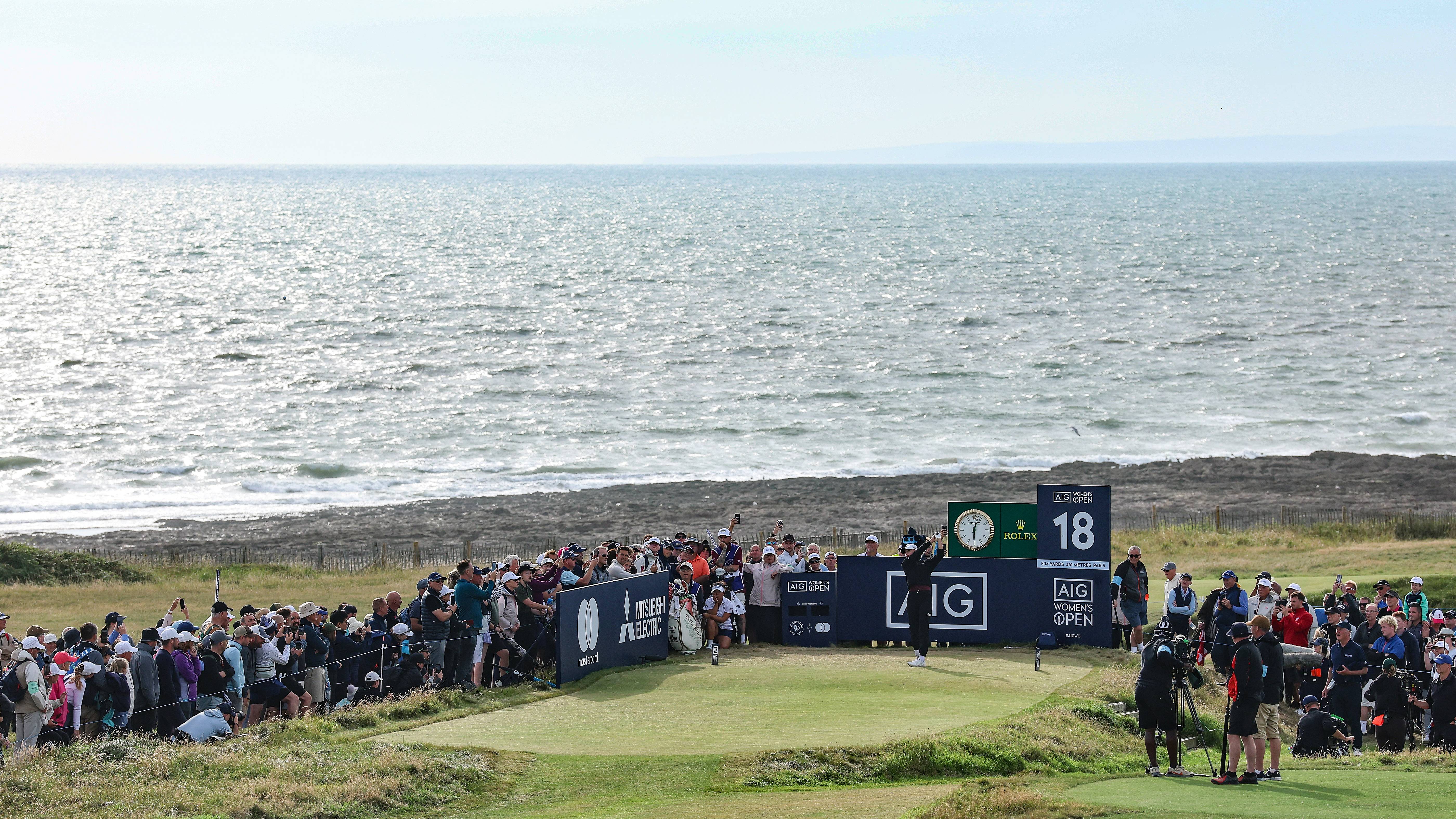 Charley Hull tees off the 18th at Royal Porthcawl in the final round of the 2025 AIG Women&#039;s Open