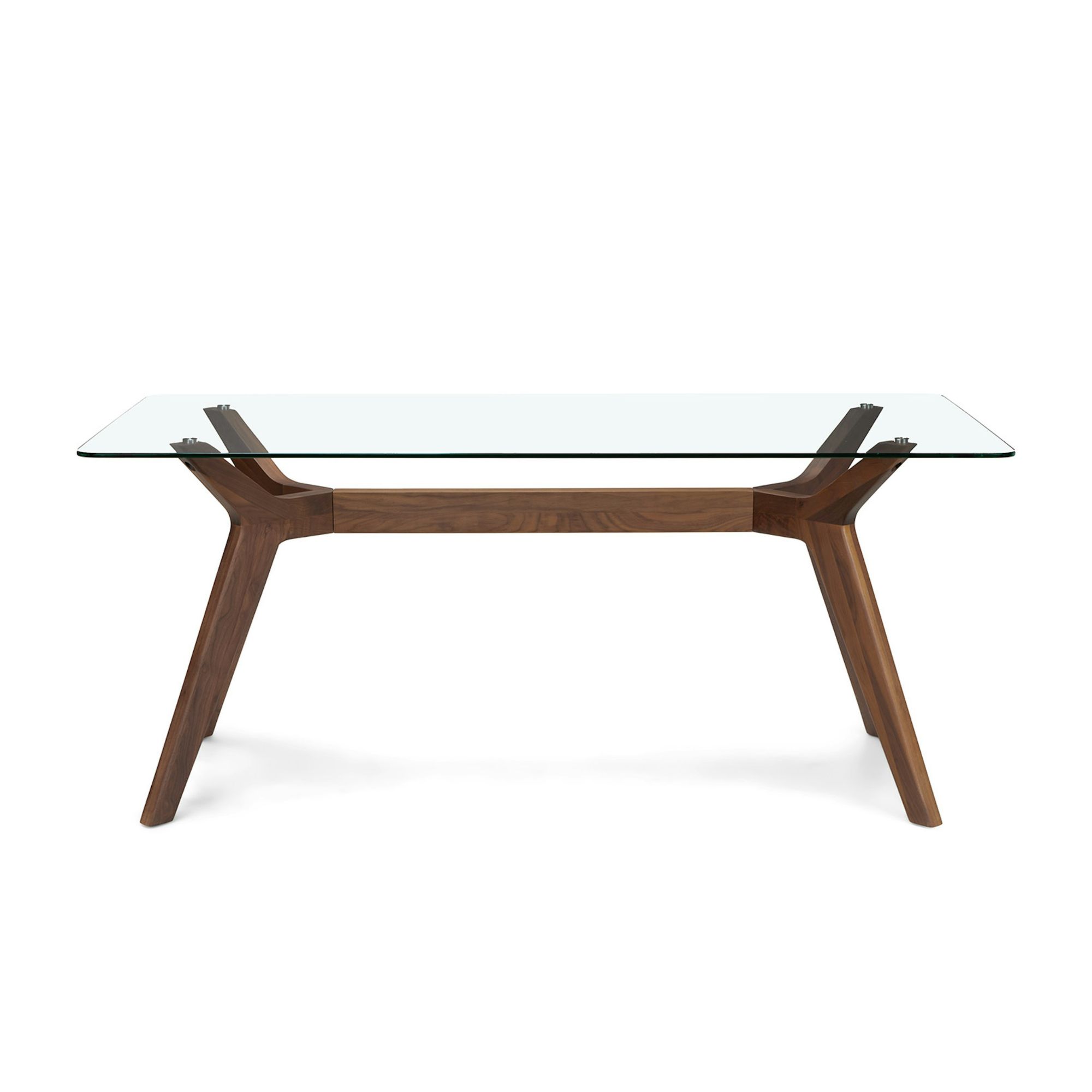 Glass dining table with warm wood legs