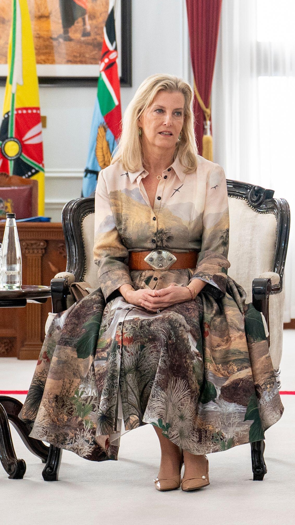 The Duchess of Edinburgh sits on a chair during a meeting with President William Ruto at the State House in Nairobi