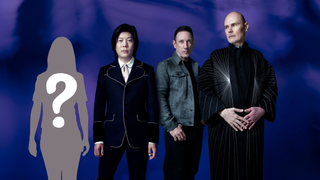 Band photo of Smashing Pumpkins with added silhouette of unidentified person