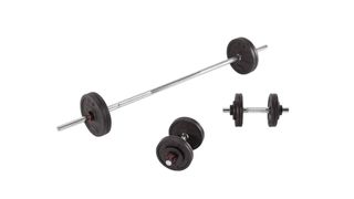 Home weights set deals: 110lb Adjustable Weight Training Cast Iron Dumbbell and Barbell Set