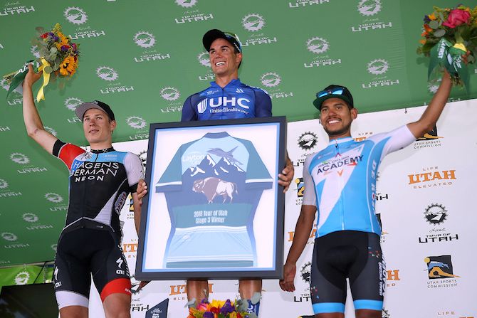 Stage winner Travis McCabe (UnitedHealthcare) with the spoils of victory on stage 3 of the 2018 Tour of Utah, flanked by Hagens Berman Axeon's Jasper Philipsen and Israel Cycling Academy's Edwin Avila