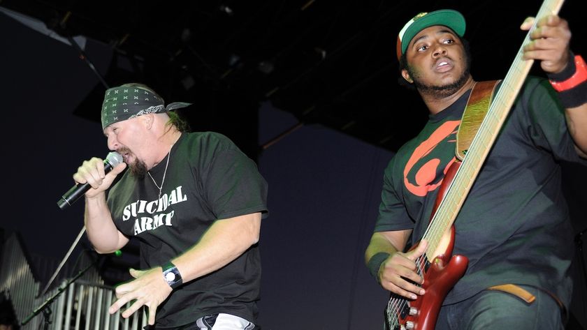 Mike Muir and Steve 'Thundercat' Brunner of Suicidal Tendencies onstage at the Epicenter Music Festival on September 26, 2010 in Fontana, California