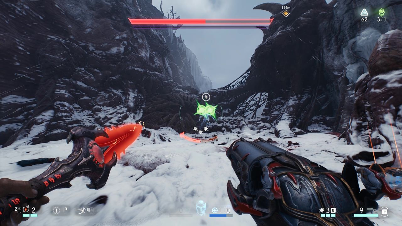Doom: The Dark Ages - A first-person screenshot of gameplay showing a player preparing to dodge a Hell Surge attack in a snowy ravine.