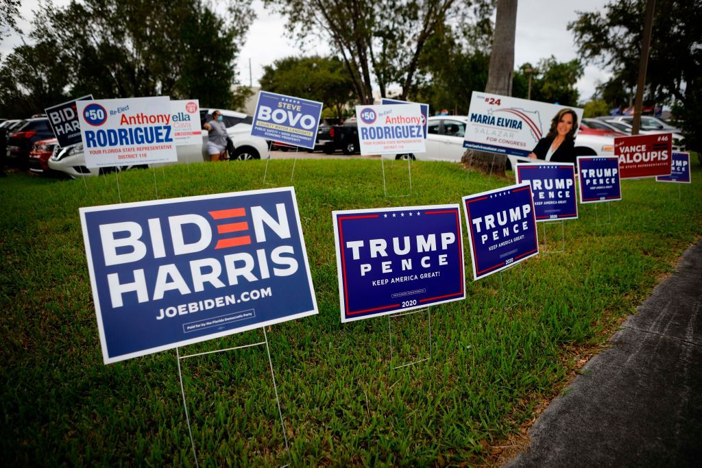 Joe Biden and Donald Trump signs.