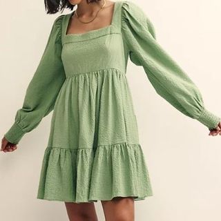 Cotton Blend Textured Square Neck Mini Dress