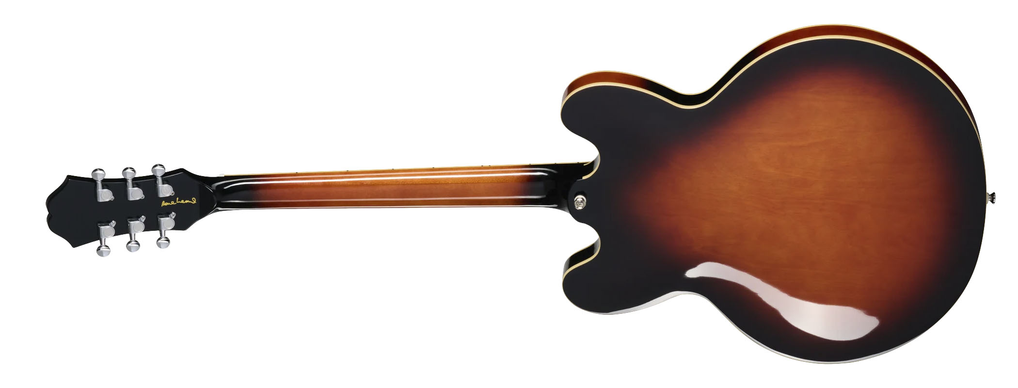 Epiphone Bonehead Riviera: the new signature guitar for the Oasis guitarist is a classy marque that's finished in Dark Tobacco Sunburst. It looks particularly good photographed in low light against a Mark Series Mesa/Boogie combo.