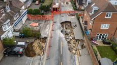 A sinkhole in the road in Godstone High Street in Surrey 