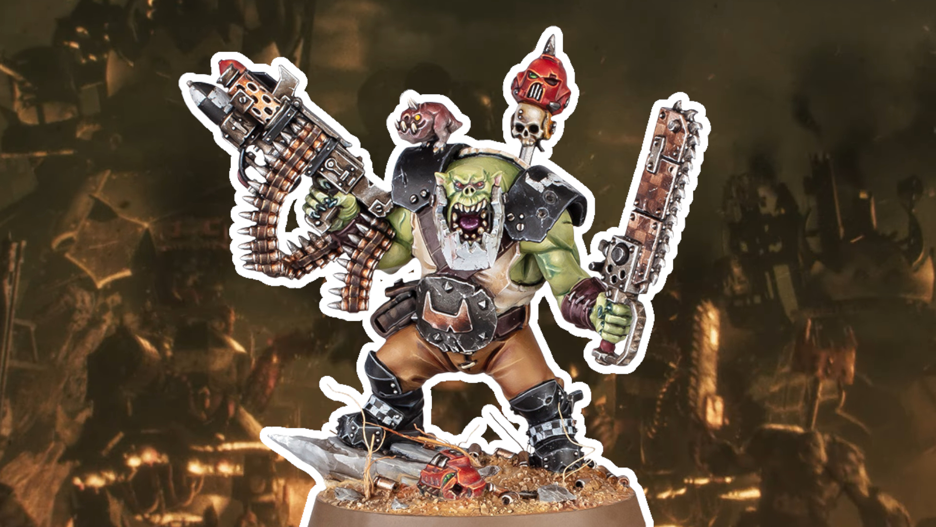 Ork Boss Nob model with a white outline against a grungy battlefield