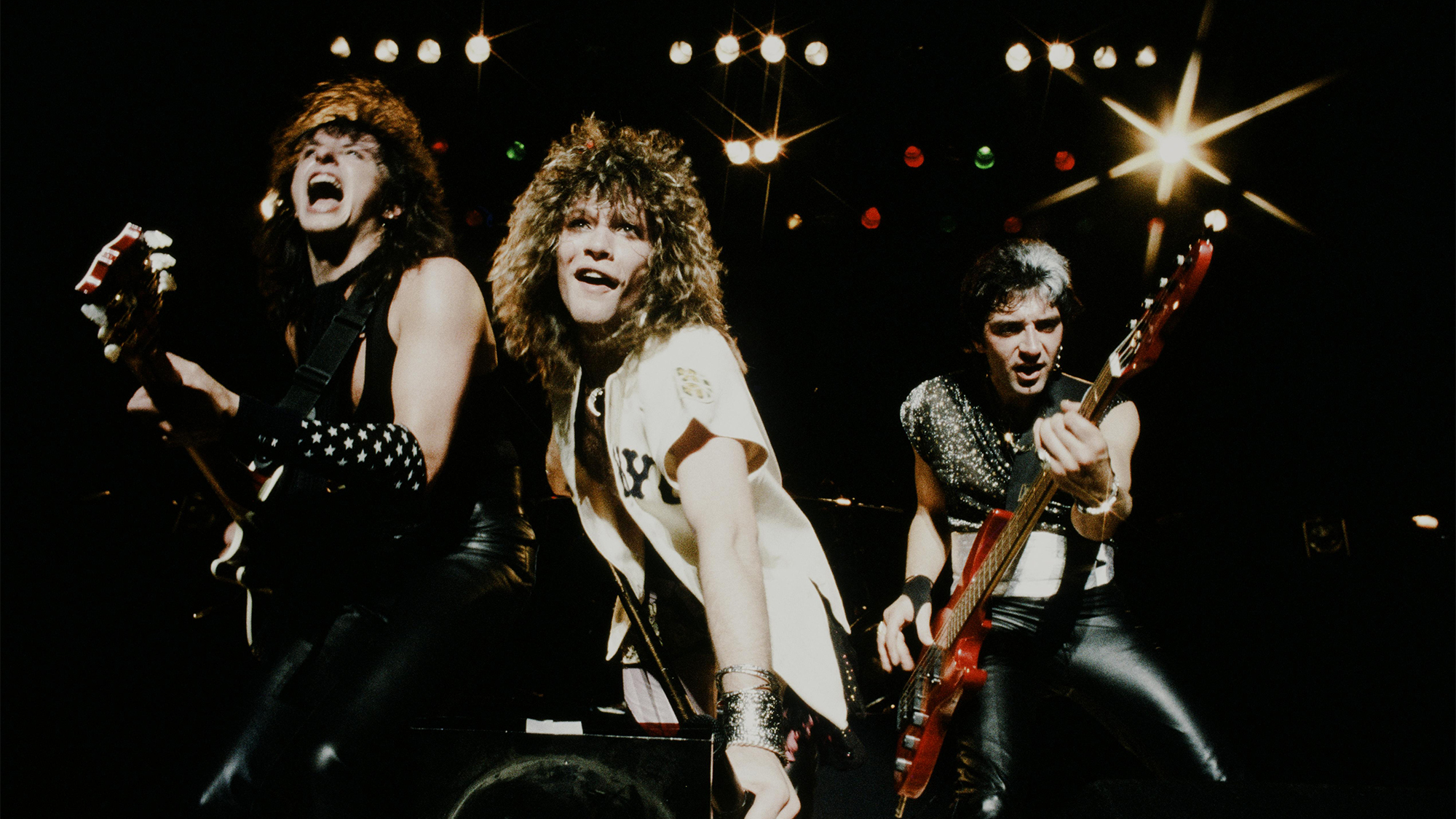 Bon Jovi Jon Bon Jovi, Richie Sambora and Hugh McDonald live at Nakano Sun Plaza, Tokyo, April 20, 1985.