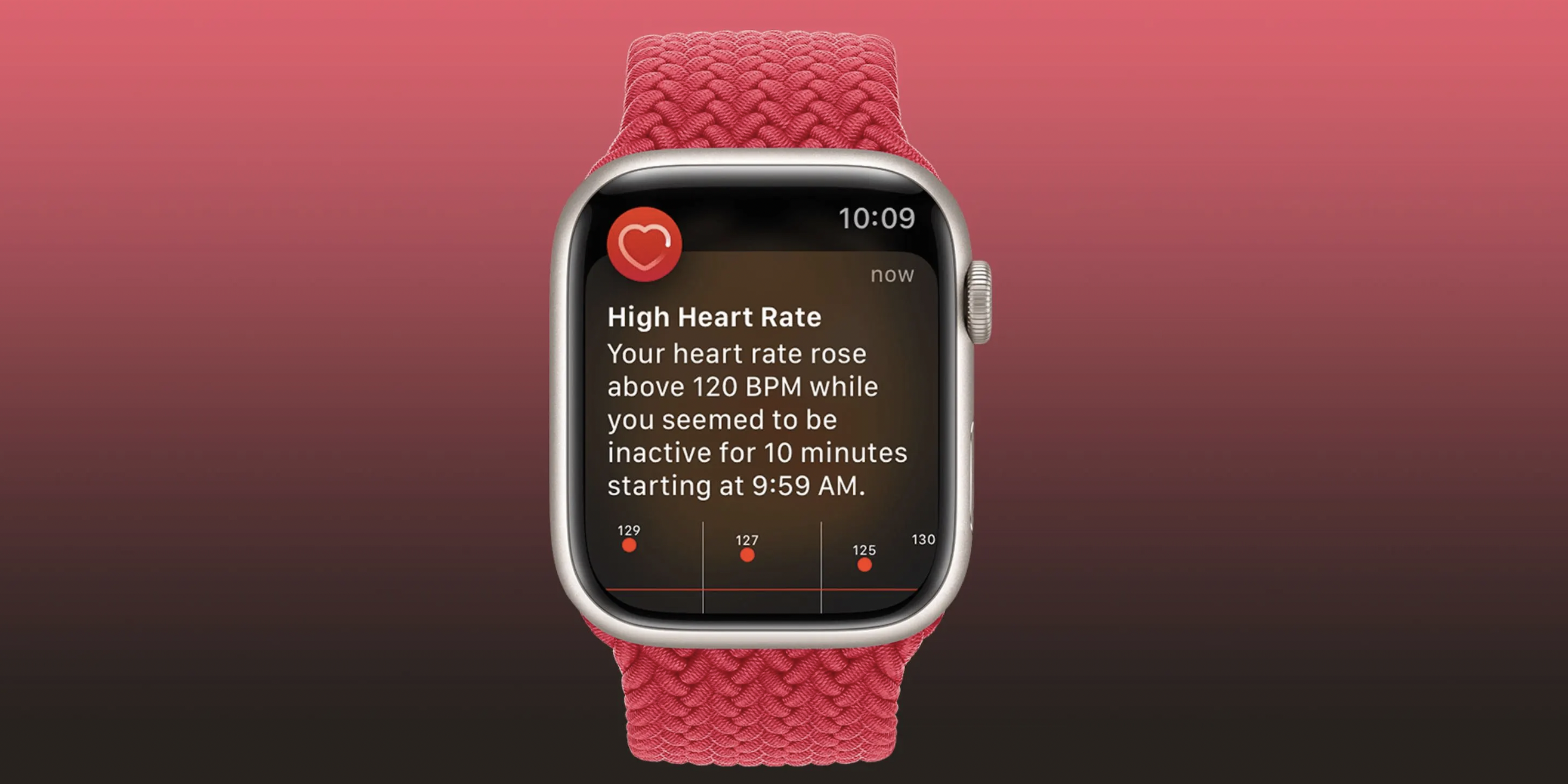 A smartwatch displaying an alert for high heart rate (120 or above)