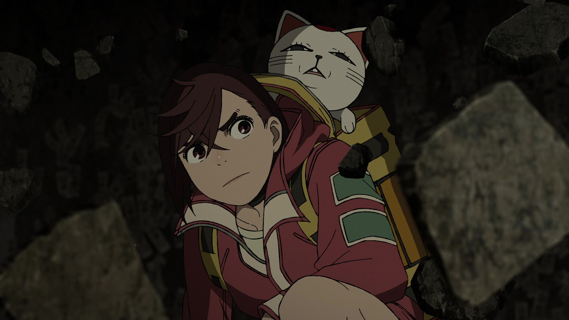 Momo crouching with a cat in her backpack during Dan Da Dan season 2