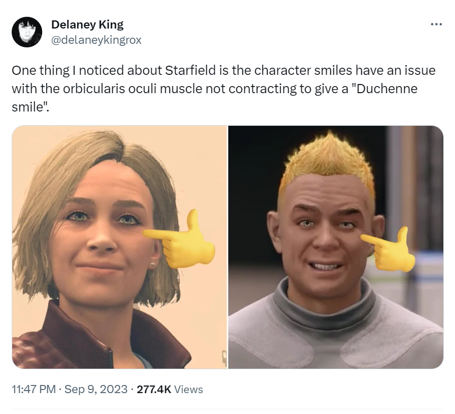 Screenshot eines X-Posts mit Emojis, die auf Probleme mit dem Lächeln der Starfield-Charaktere hinweisen