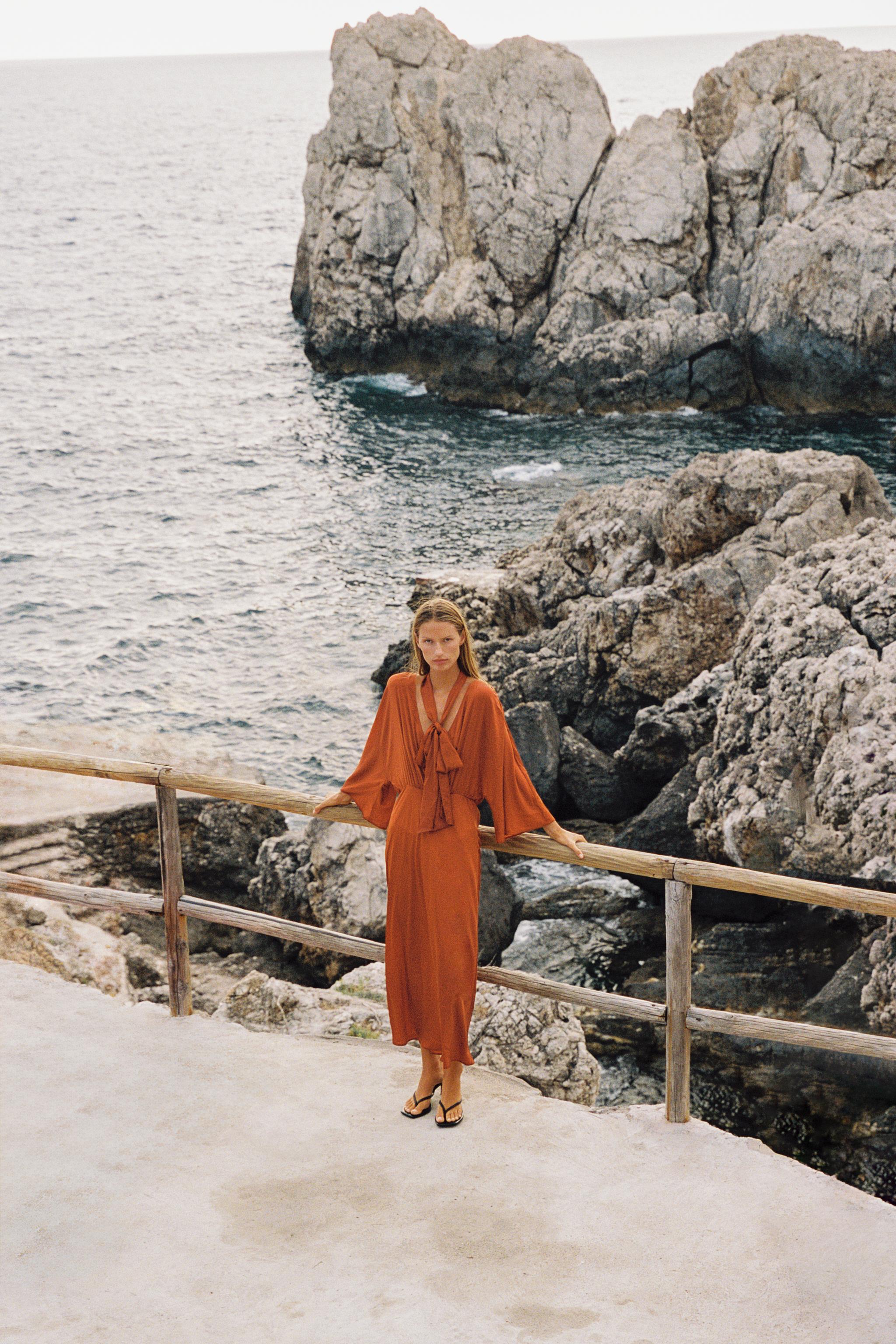 Satin Scarf-Effect Midi Dress - Orange - Xs