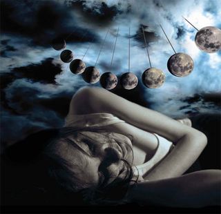 A woman sleeping under a full moon, showing the different phases of the moon