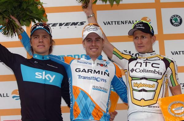 Vattenfall Cyclassics podium (l-r): Edvald Boasson Hagen (Sky), Tyler Farrar (Garmin - Transitions) and Andr&eacute; Greipel (HTC - Columbia)