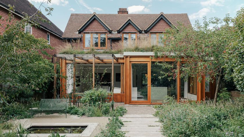 A wooden extension to the back of a wooden clad house with a wildflower garden and green roof