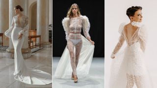 Three models wearing sheer wedding dresses illustrating the wedding dress trends 2023