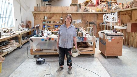 Phyllida Barlow, in her studio, 2018