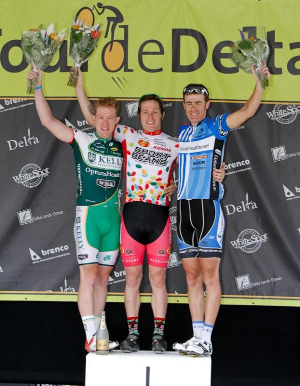 Men's podium: Andrew Pinfold (UHC) 3rd, Daniel Holloway (Kelly Benefit Strategies) 2nd, and Brad Huff (Jelly Belly's) 1st.
