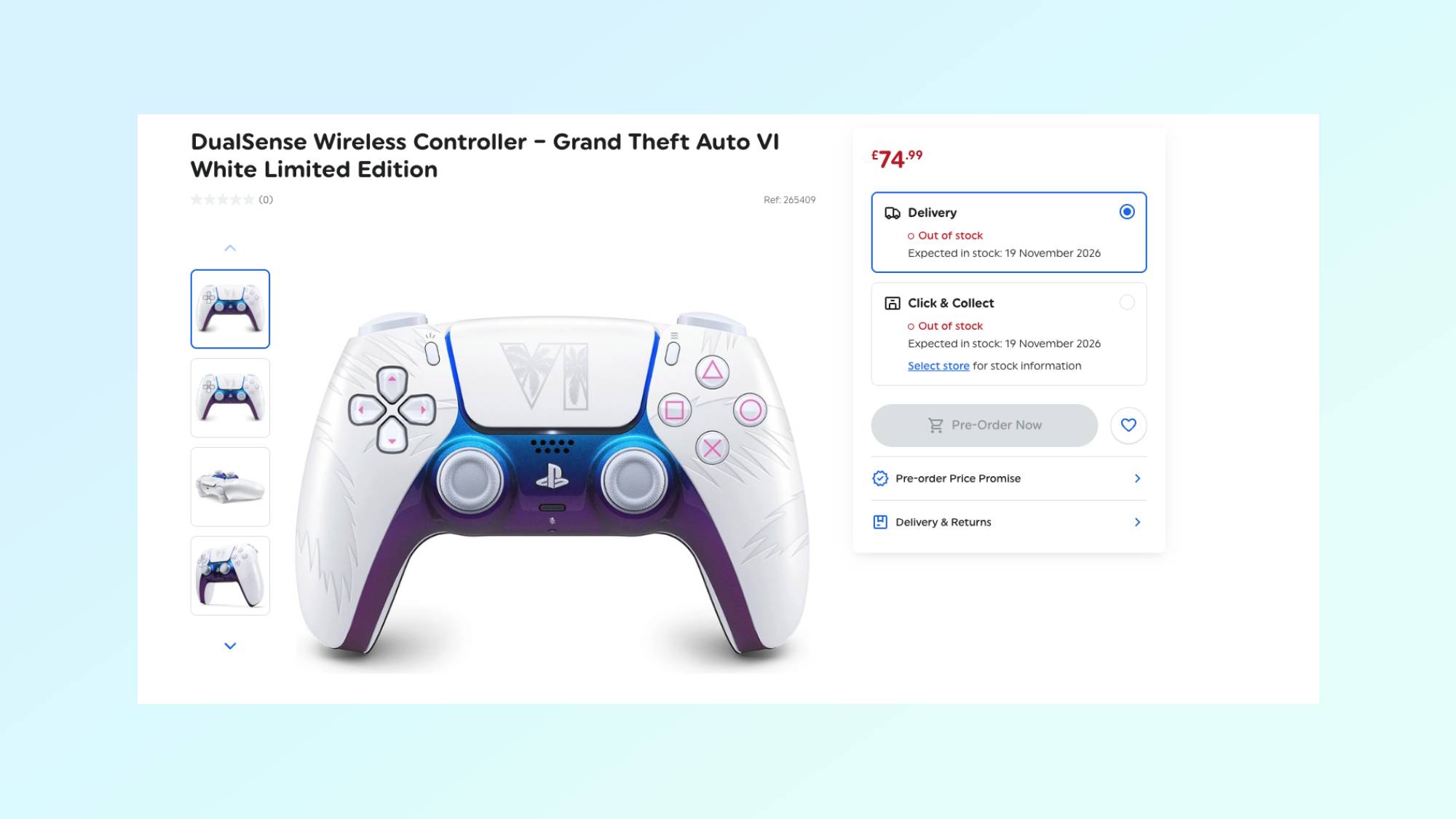 Smyths Toys listing page for GTA 6 DualSense showing "out of stock"