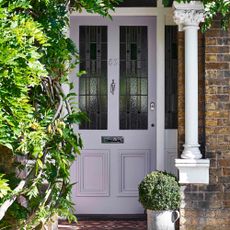 white front door with glass and potted plants