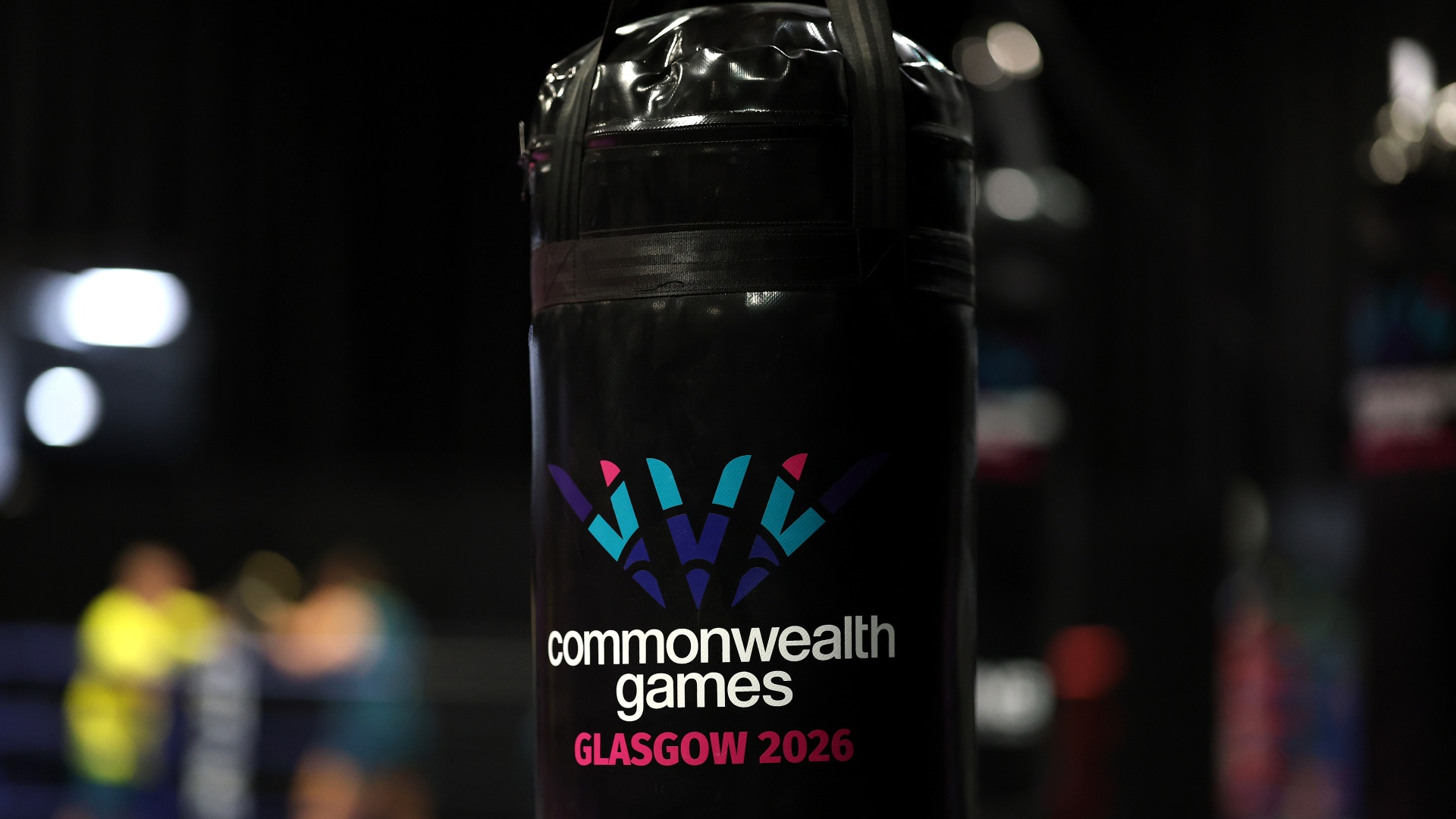A detailed view of Glasgow 2026 branding on a punching bag at Commonwealth Games 2026