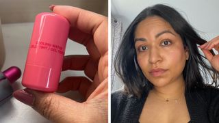 On the left, Digital Beauty Editor, Aleesha Badkar holds the Milk Jelly Tint in shade Burst and on the right, Aleesha wears the blush on her cheeks and lips.