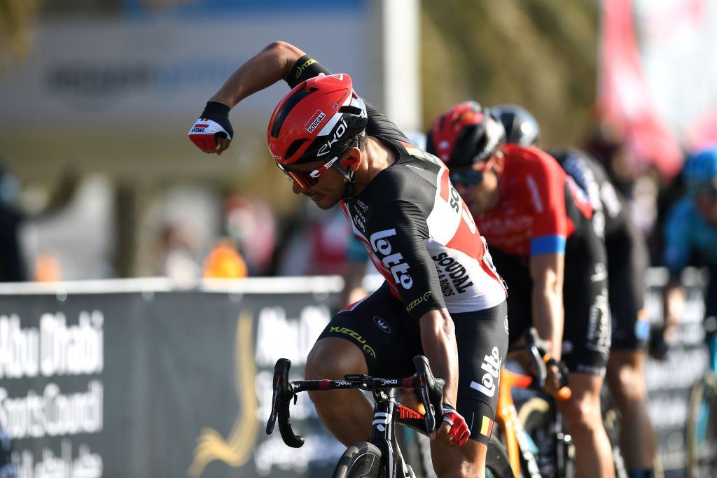 ABU DHABI BREAKWATER UNITED ARAB EMIRATES FEBRUARY 27 Arrival Caleb Ewan of Australia and Team Lotto Soudal Celebration during the 3rd UAE Tour 2021 Stage 7 a 147km stage from Yas Mall to Abu Dhabi Breakwater UAETour on February 27 2021 in Abu Dhabi United Arab Emirates Photo by Tim de WaeleGetty Images