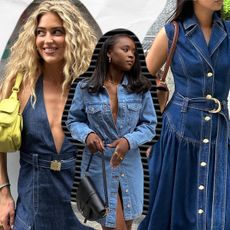 a collage of women wearing jean dress outfits