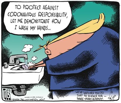 Political Cartoon U.S. Trump washes hands coronavirus responsibility