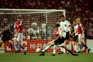 Oliver Bierhoff scores a golden goal to give Germany victory over the Czech Republic in the final of Euro 96.